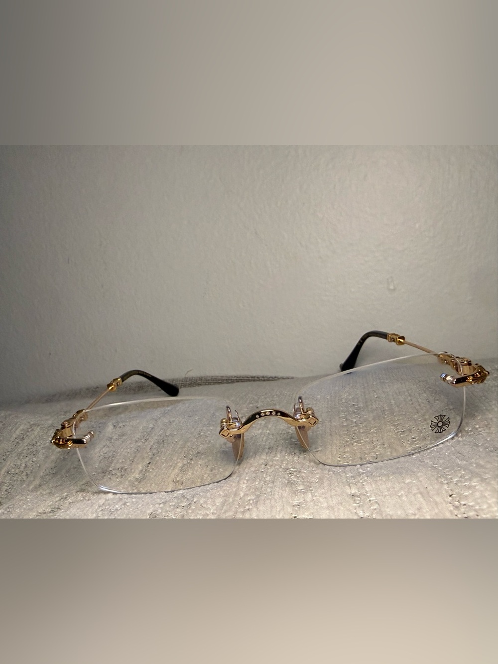 Chrome Hearts PILLS III Rimless Eyeglasses with Gold Accents and Black Temples